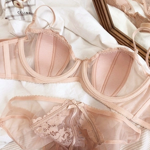 Lace lingerie set with sheer mesh bra and matching panties in pale pink floral design