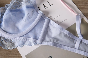 Detailansicht eines hellblauen Spitzen-BHs mit rosa Trägern und feiner Netzstoff-Textur