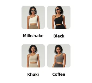 Detail view of asymmetrical yoga bras in Milkshake, Black, Khaki, and Coffee colors