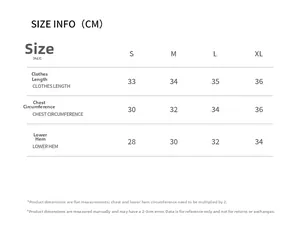 Size guide table for asymmetric sports bra showing length and chest measurements