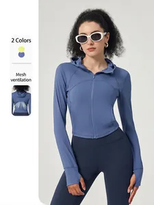 Women Slim Fit Hooded Yoga Jacket Long Sleeve Running Sports Top With Thumbholes Full Zipper Athletic Gym Fitness Coat