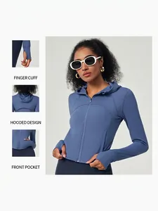 Slim fit hooded yoga jacket in misty blue with functional thumbholes and zipper