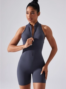 Deep grey sleeveless yoga jumpsuit with front zipper and high-neck stand collar design