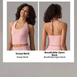 Detailed view of pink scoop neck yoga top with breathable open back lace-up design