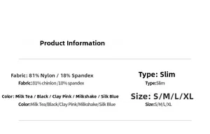 Size chart and fabric details showing 81% Chinlon material for slim fit yoga top