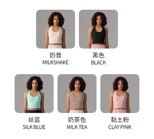 Collage of halter yoga crop tops in milkshake, black, silk blue, milk tea, and clay pink colors