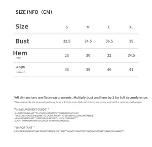 Detailed size chart for yoga halter top showing bust, hem and length in CM units