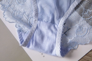 Detailansicht hellblauer Spitzenunterwäsche mit floralem Muster und Baumwollfutter innen
