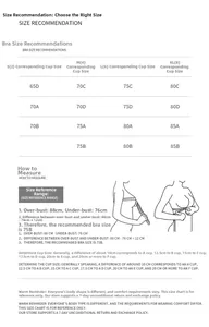 Size guide for yoga sports bra showing cup measurement chart and fitting instructions