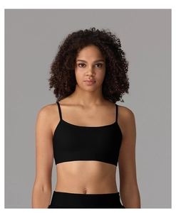 Vue de face du soutien-gorge de sport noir à fines bretelles en tissu élastique sans couture