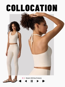 Cream-white halter backless yoga crop top and high-waist leggings set for activewear