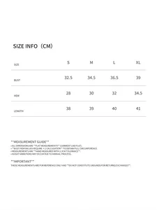 Size guide for yoga crop top halter neck sports bra with measurements in CM for sizes S to XL
