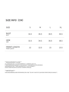 Guide des tailles pour brassière de sport avec mesures de poitrine, d'ourlet et longueur