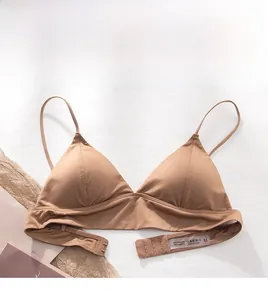 Detail view of French triangle bralette with wide bottom band and thin silk-like straps