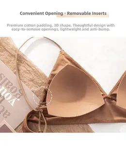 Close-up of seamless wireless triangle bra showing side opening for removable pads