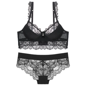 Sexy black lace lingerie set with eyelash lace trim and metal buckle detailing