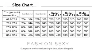 Detailed size chart for seamless satin bra showing measurements from cup A to E