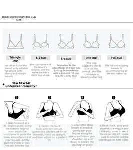 Detailed sizing guide for lace bras showing cup types and 4-step wearing instructions