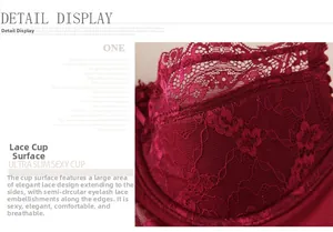 Detail view of wine red lace bra featuring eyelash lace trim and sheer breathable fabric