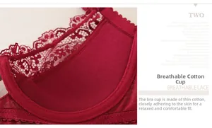 Detailed macro view showing breathable wine red lace fabric and fine stitching on the bra