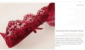 Detail of burgundy lace shoulder strap with bow and eyelash lace for supportive bra