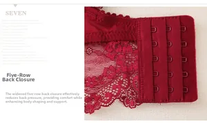 Close-up of the five-row hook-and-eye back closure on this red lace bra set
