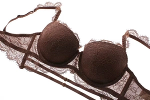 Close-up detail of floral eyelash lace texture and adjustable straps on coffee brown bra