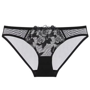 Sexy black floral lace underwear for women with transparent mesh and cotton crotch