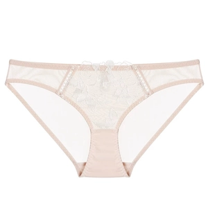 Pale pink low-rise lace panties with floral embroidery and breathable mesh side panels
