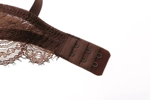 Macro detail of brown lace bra back closure with adjustable three-row metal hooks