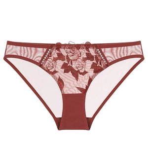 Red-brown floral lace mesh panties for women with rose embroidery and cotton crotch