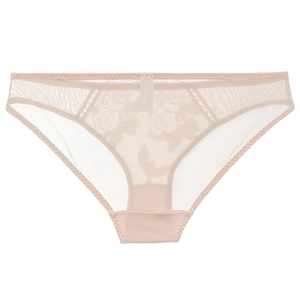Lace floral embroidery panty in beige with sheer mesh and scalloped edges for women