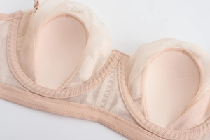 Close-up of beige lace bra detail featuring delicate mesh and reinforced inner cup seams