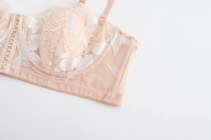 Detailed close-up of nude pink bra with intricate white rose lace embroidery and mesh