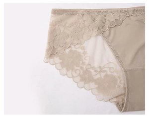 Detail view of champagne floral lace on breathable low-rise seamless underwear for women