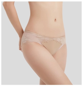 Detail of nude lace trim on low-rise seamless panties with floral crochet texture