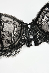 Détail de soutien-gorge en dentelle noire avec ruban croisé et bordure en cils fins