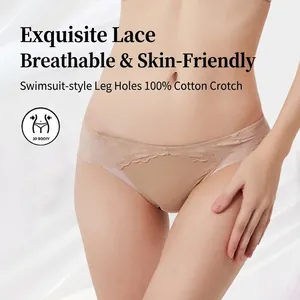 Nude lace low waist panties for women with 100% cotton crotch and seamless edges