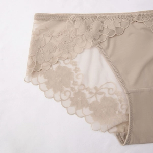 French style beige lace panties with floral embroidery and breathable mesh side panels