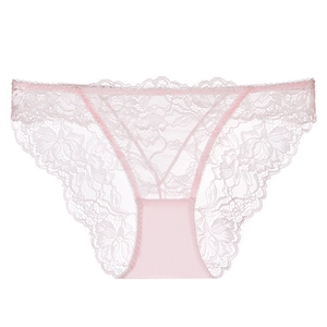 Detailed close-up of light pink sheer floral lace on women's low-waist underwear