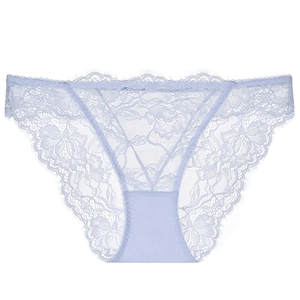 Detail of light purple floral lace underwear with scalloped edges and low-waist design