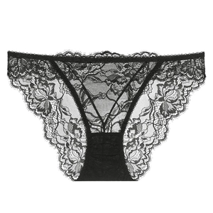 Elegant black lace women's panties with floral patterns and eyelash trim detail
