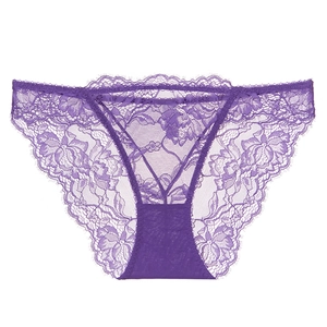 Close-up of purple floral lace texture and eyelash fringe on women's low-waist panties
