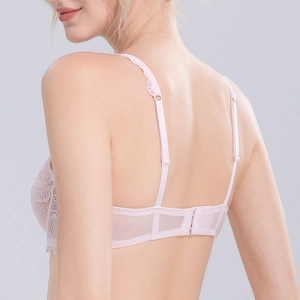 Back view of light pink French lace bra featuring adjustable thin straps and mesh detail