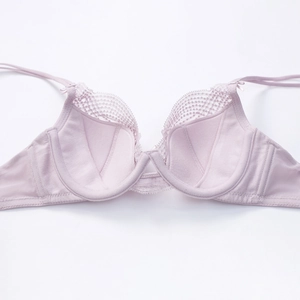 Elegant lavender lace bra with underwire support and floral embroidery in flat lay view