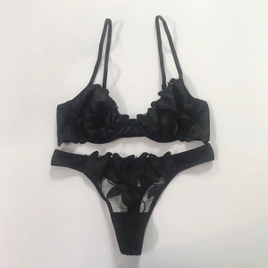 Detail of black lingerie set with 3D floral embroidery and sheer mesh lace textures