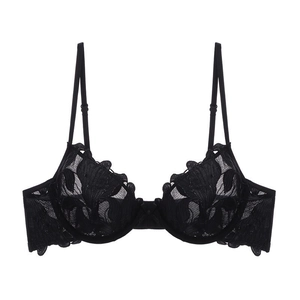 Close-up of black sheer lace bra with intricate floral embroidery and underwire support