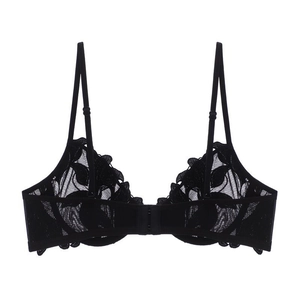French style thin black lace bra with floral embroidery and supportive wide mesh wings