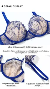 Detail of floral embroidery on royal blue sheer lace bra with adjustable straps