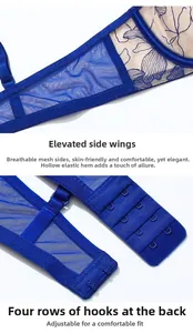 Detailed view of blue lace bra featuring high side wings and 4-row hook-and-eye closure